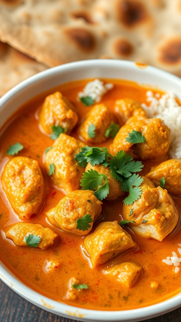A bowl of spicy chicken curry with cilantro, served with rice and naan.